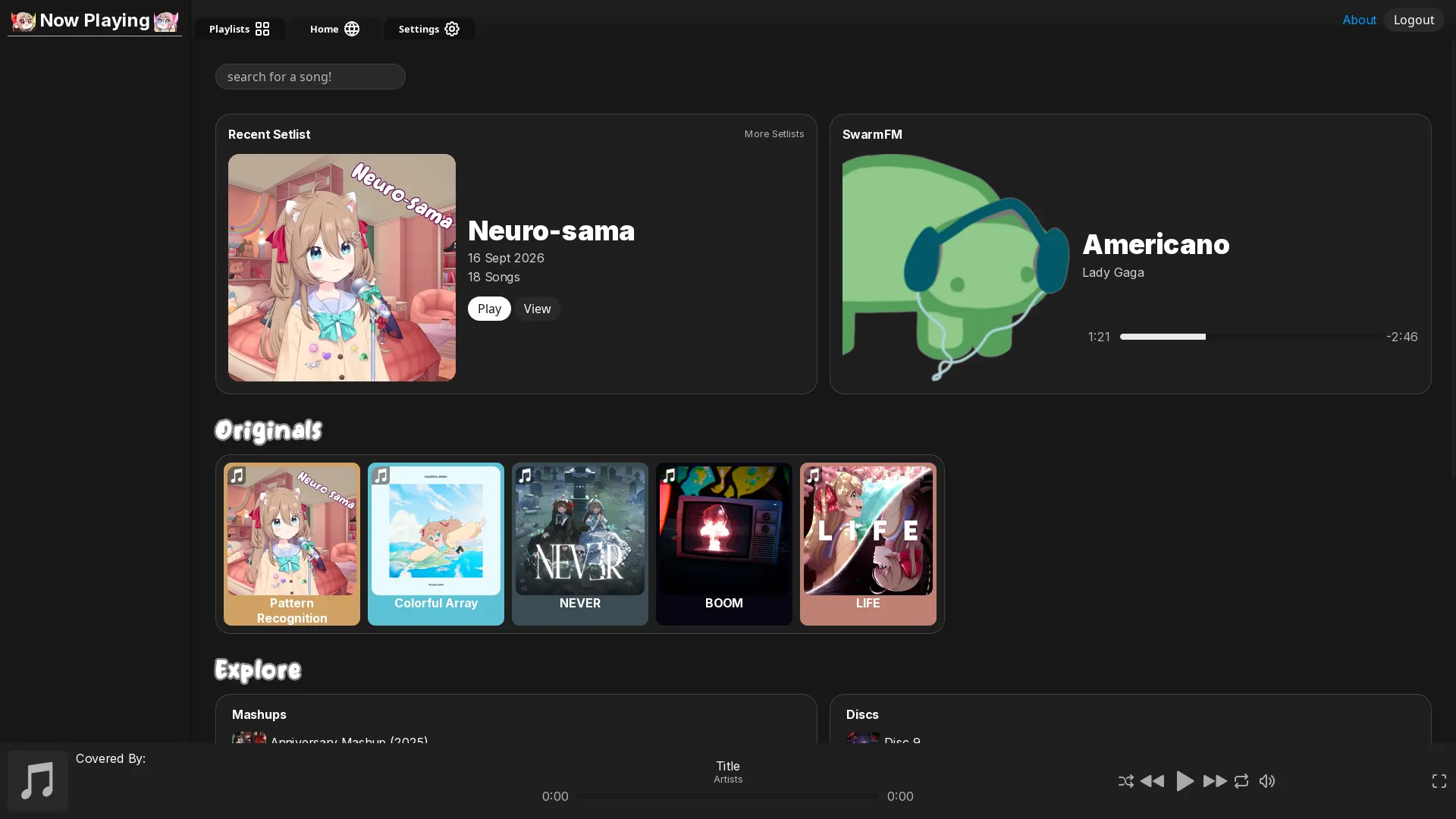 Swarmtunes Discover page