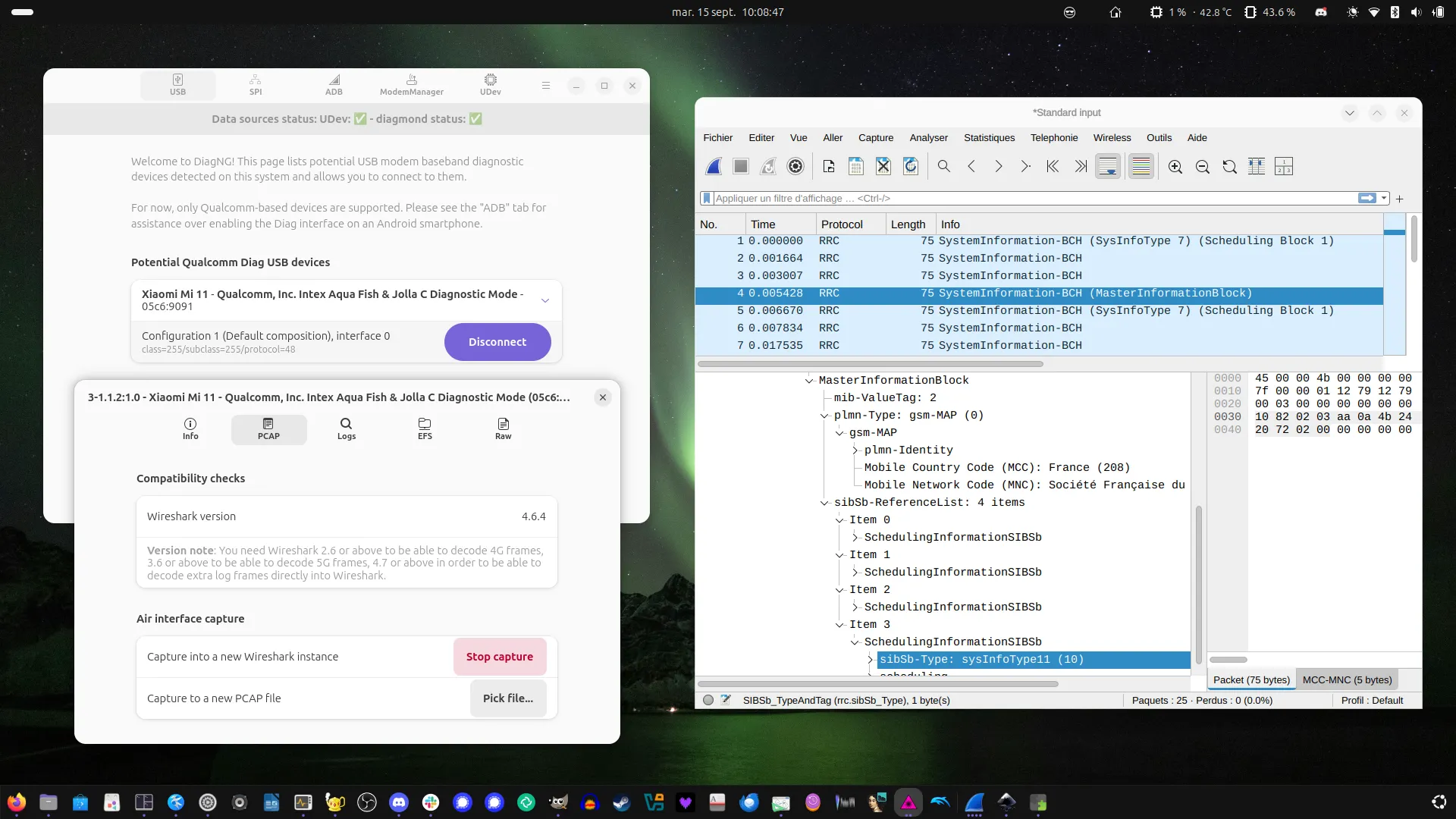 Application main features: main screen + device screen + Wireshark
