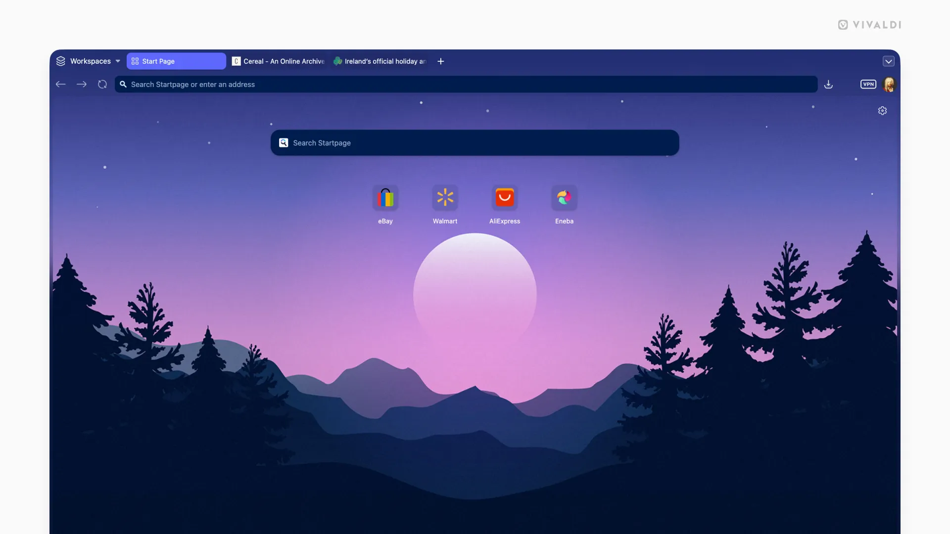 Vivaldi browser with a unified theme to showcase how a darker background image looks covering the whole UI.