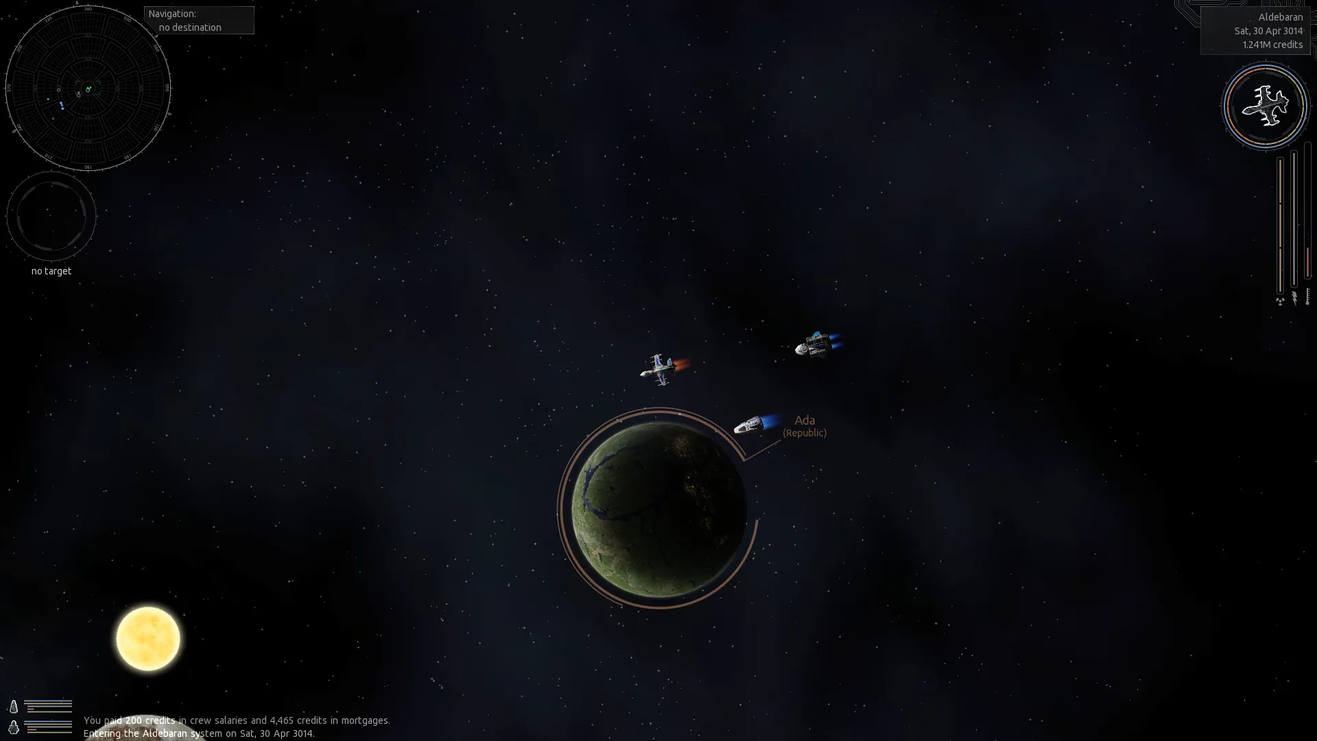 The three starter ships flying in formation over a Republic planet.