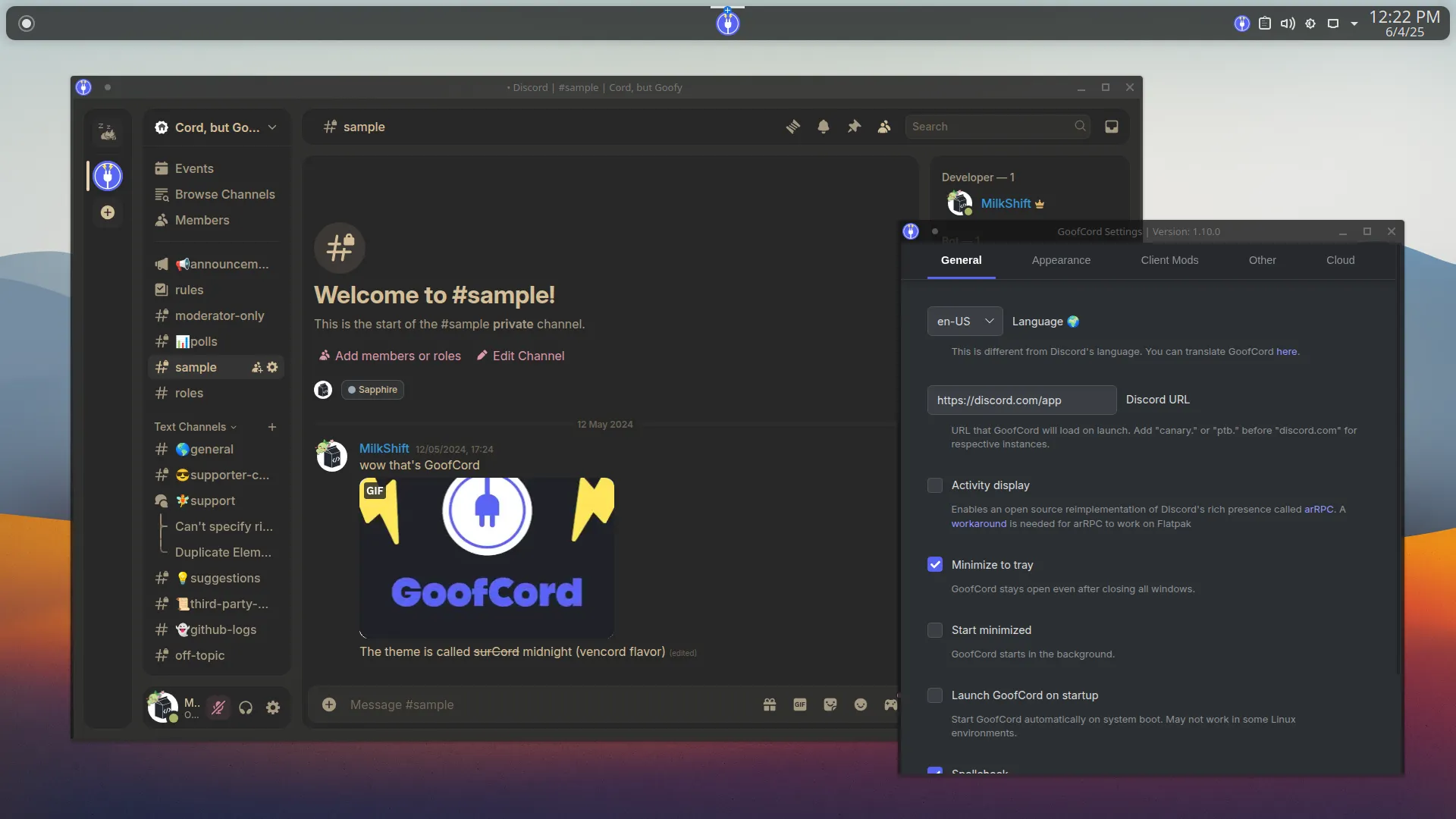 GoofCord with settings open on a themed Kubuntu
