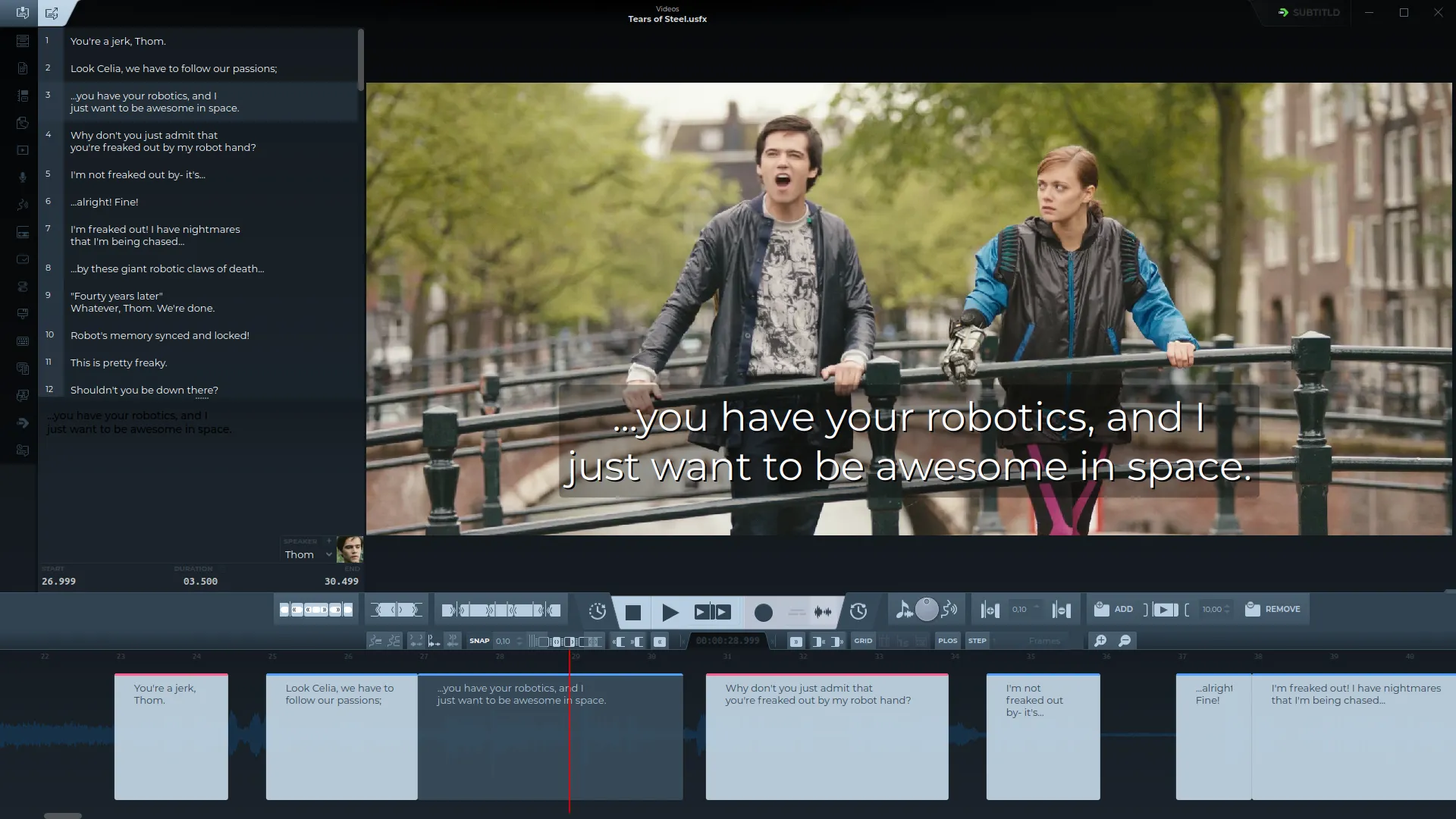 Subtitles over the video and the waveform timeline (Tears of Steel, CC BY, Blender Foundation)