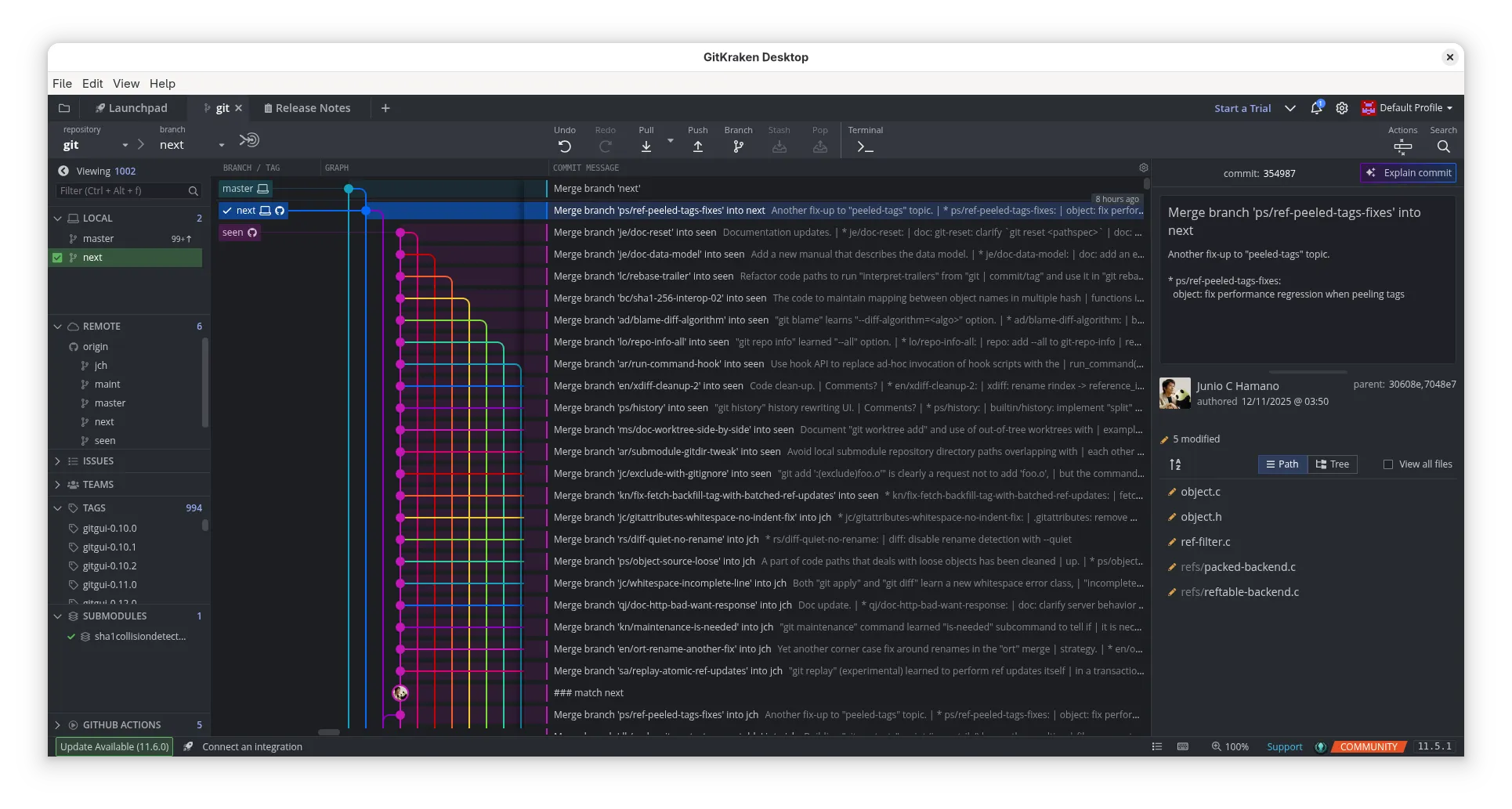Looking at past commits in the graph overview