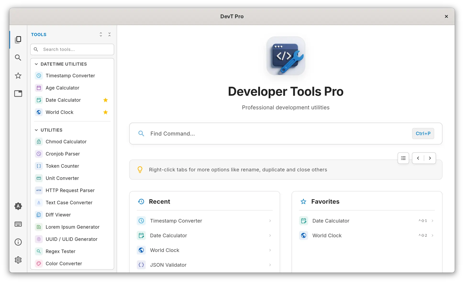 Browse 100+ developer tools and quickly return to recent or favorite tools