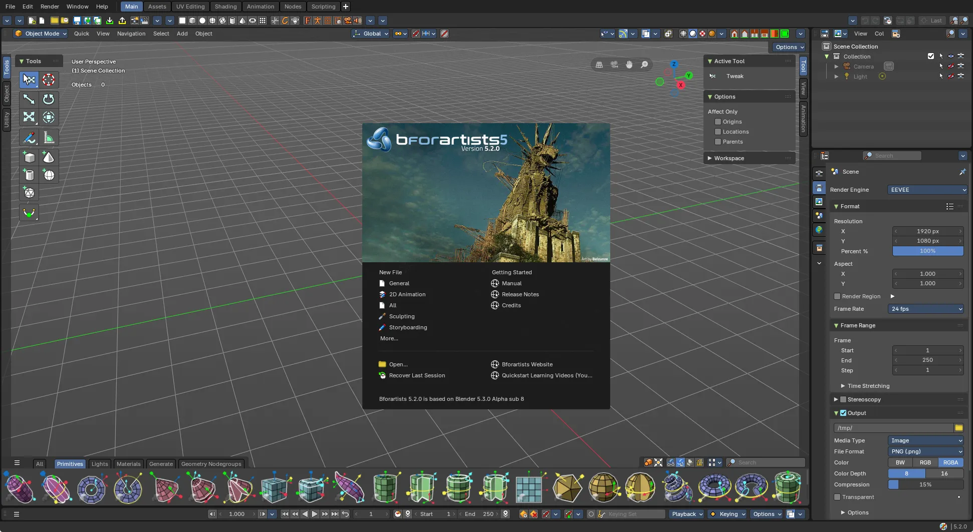Bforartists window with the default workspace showing the asset shelf