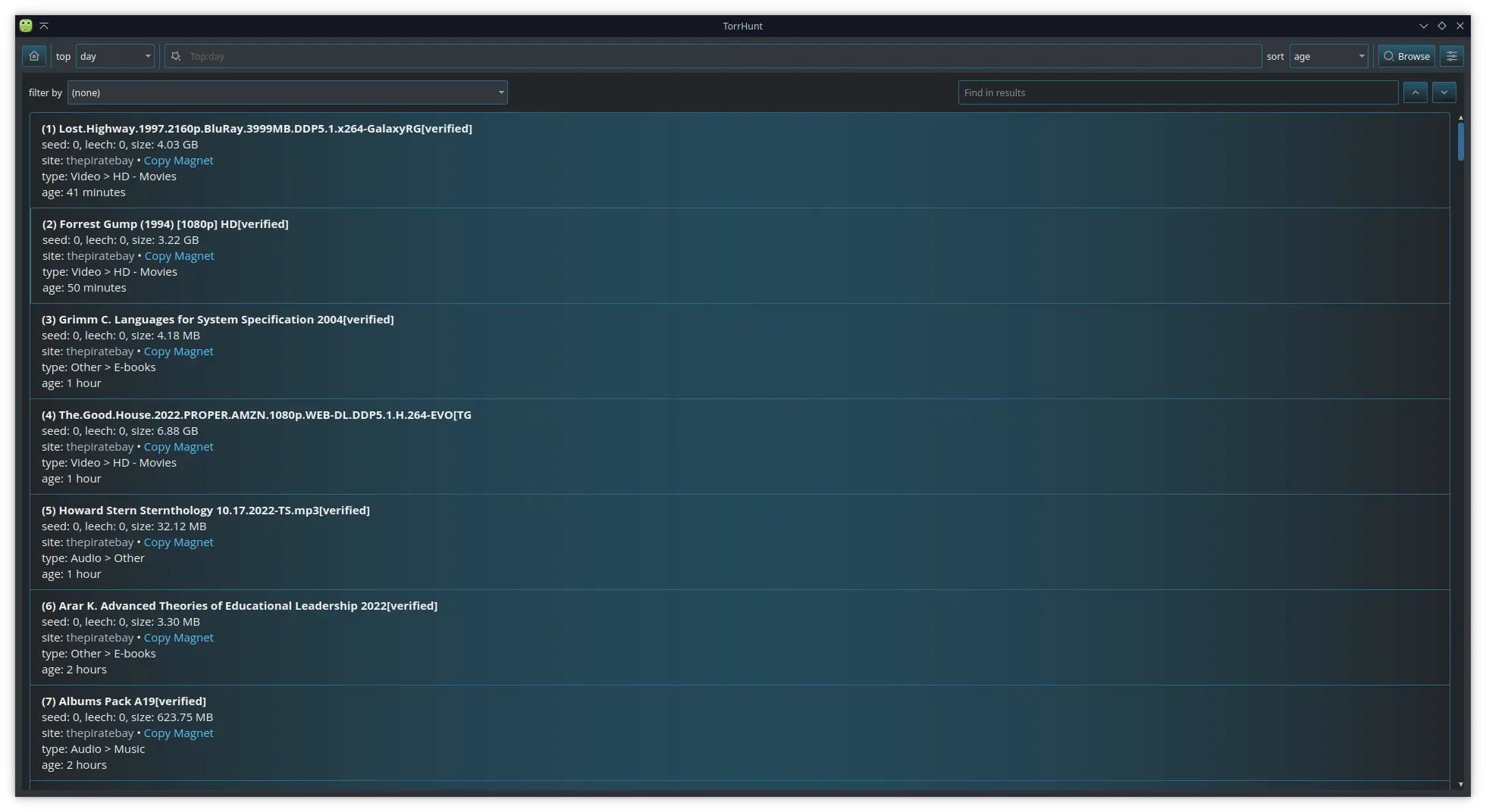 Main search page with processed torrent results
