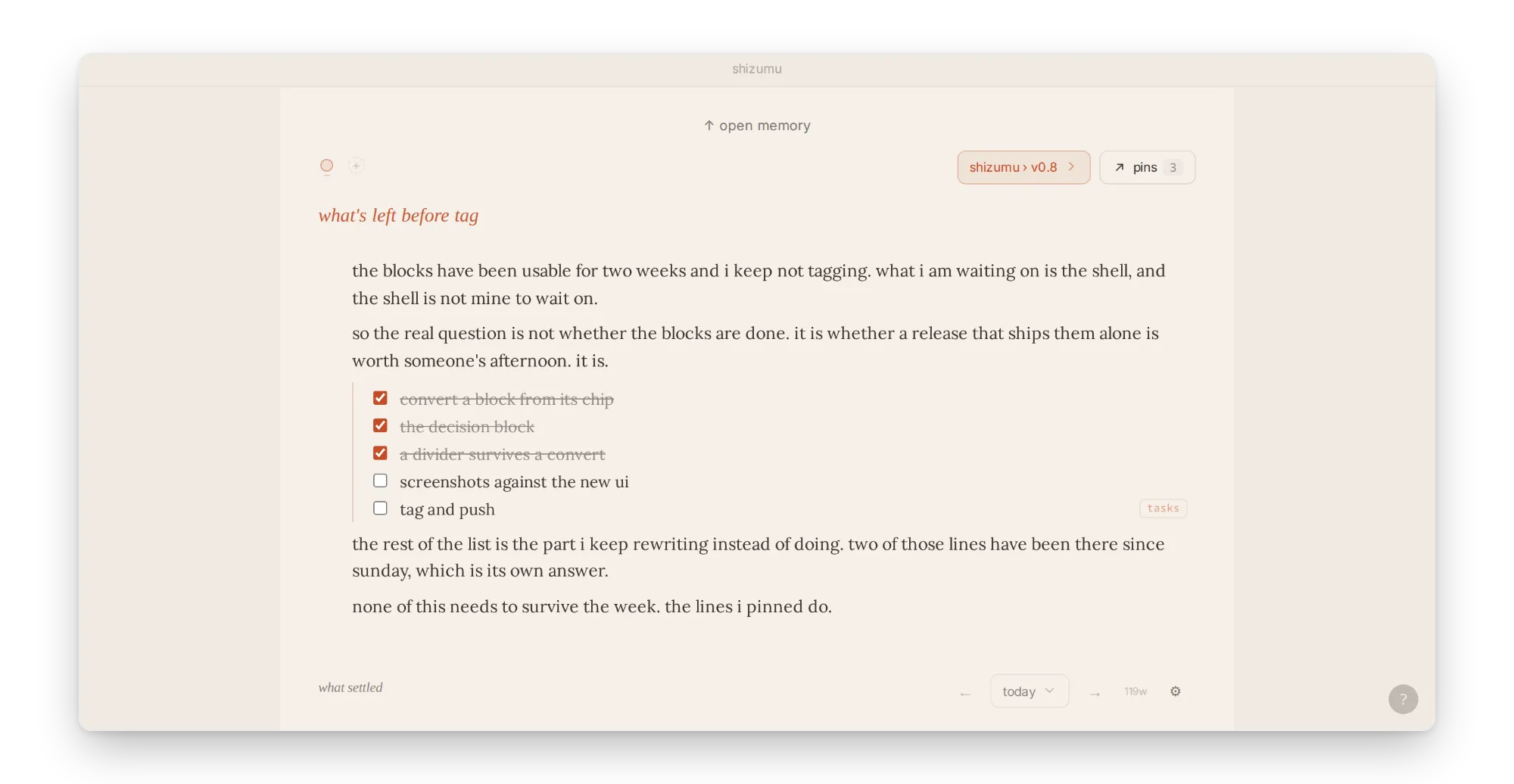 the writing page. what matters now, and what is still open