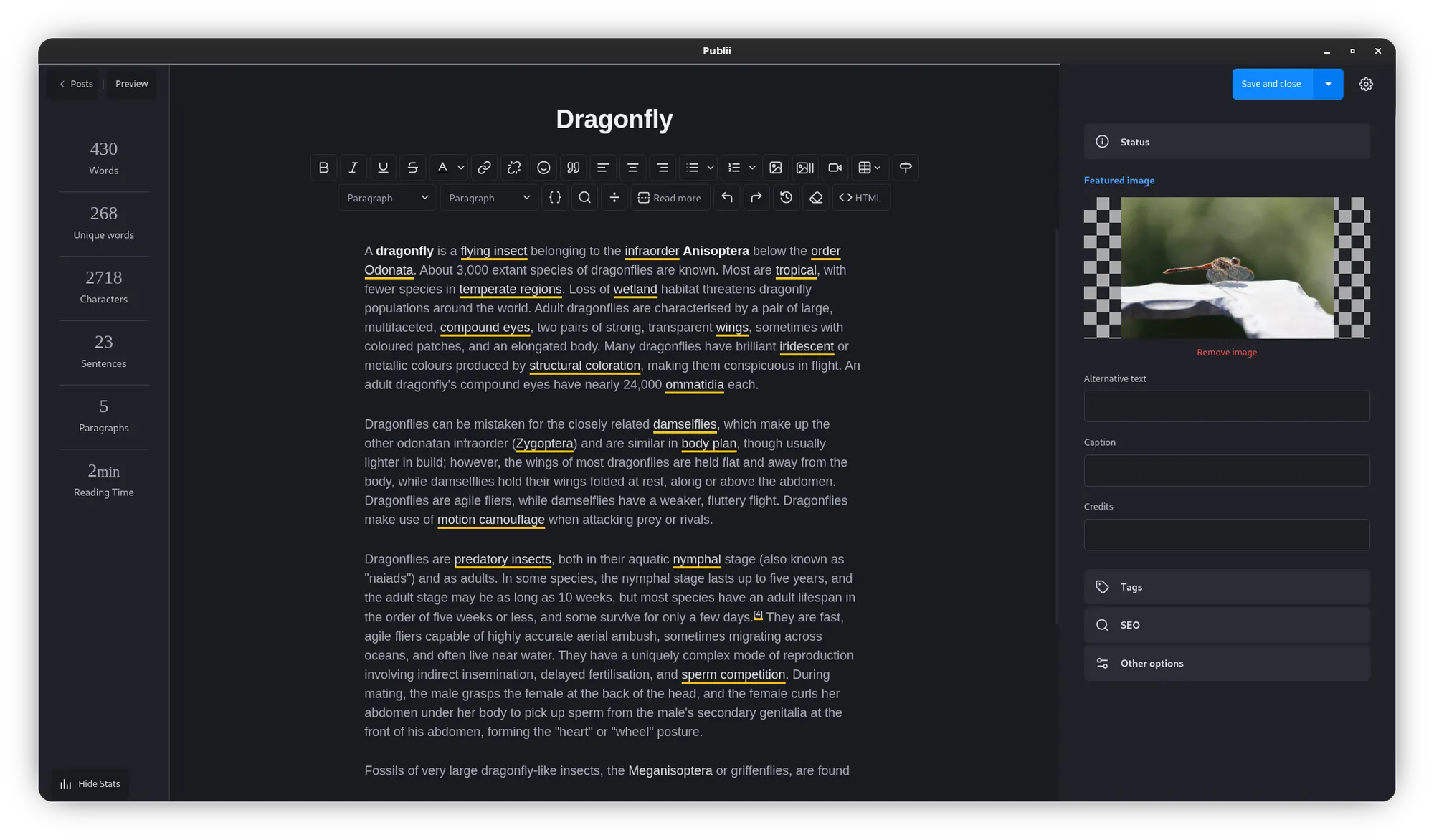 Writing a post in the rich text editor