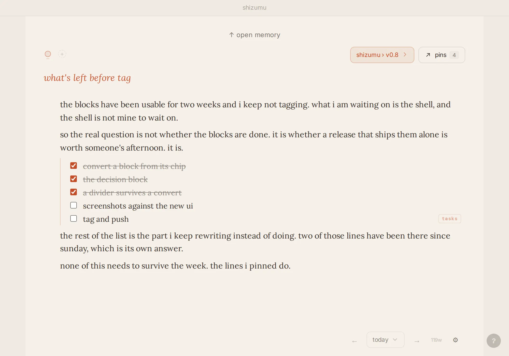 the writing page. what matters now, and what is still open