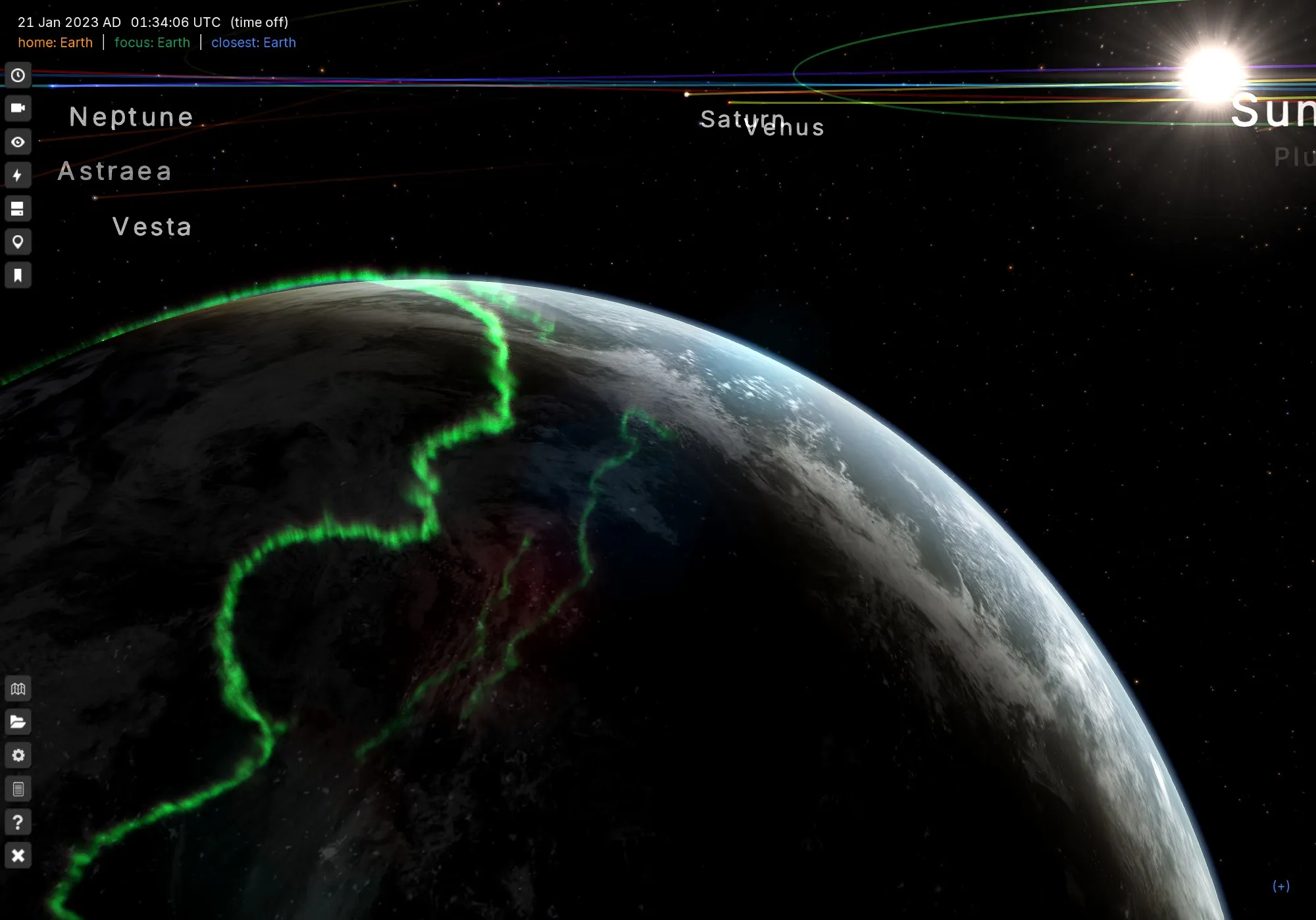 Rendering of Earth's surface with the aurora borealis.