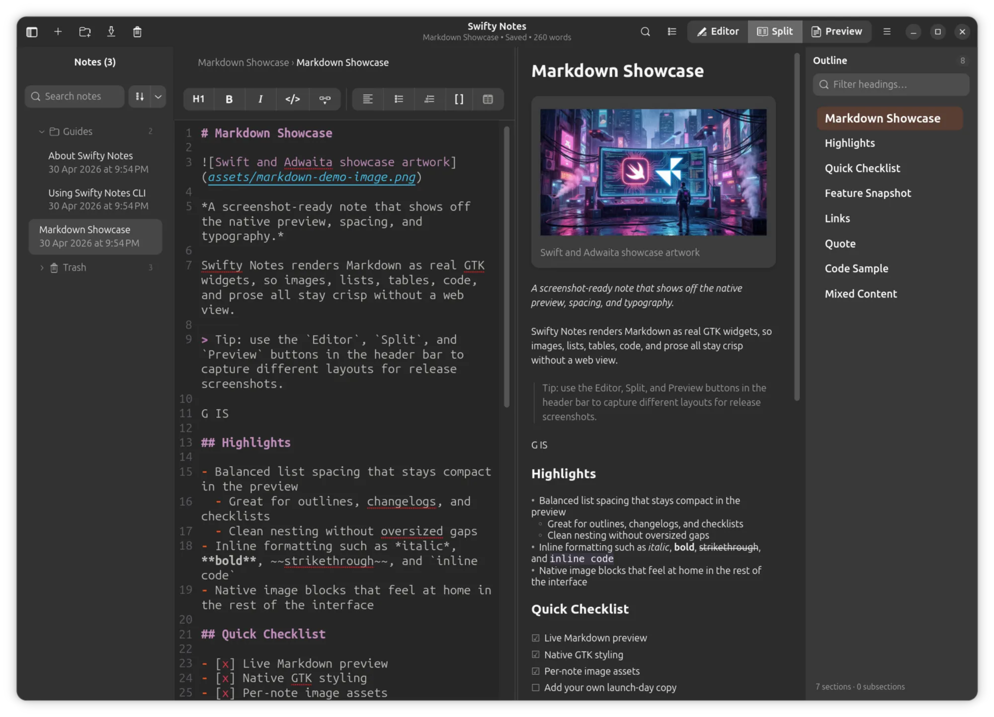 Split view with the sidebar, formatting toolbar, live preview, and outline.