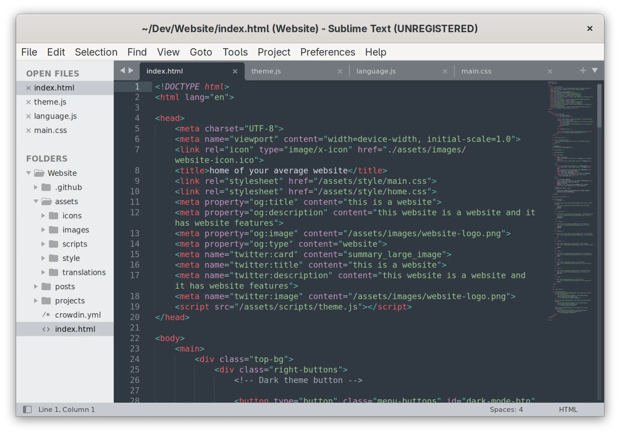 Sublime Text with a project folder open