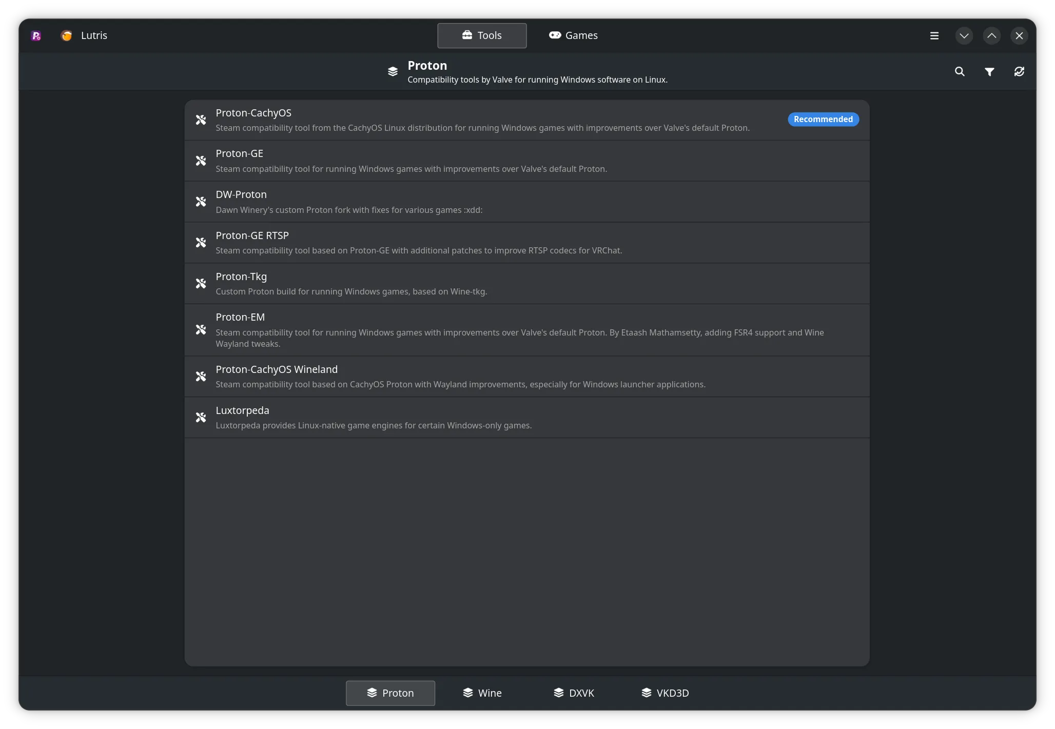 The tools interface of ProtonPlus.