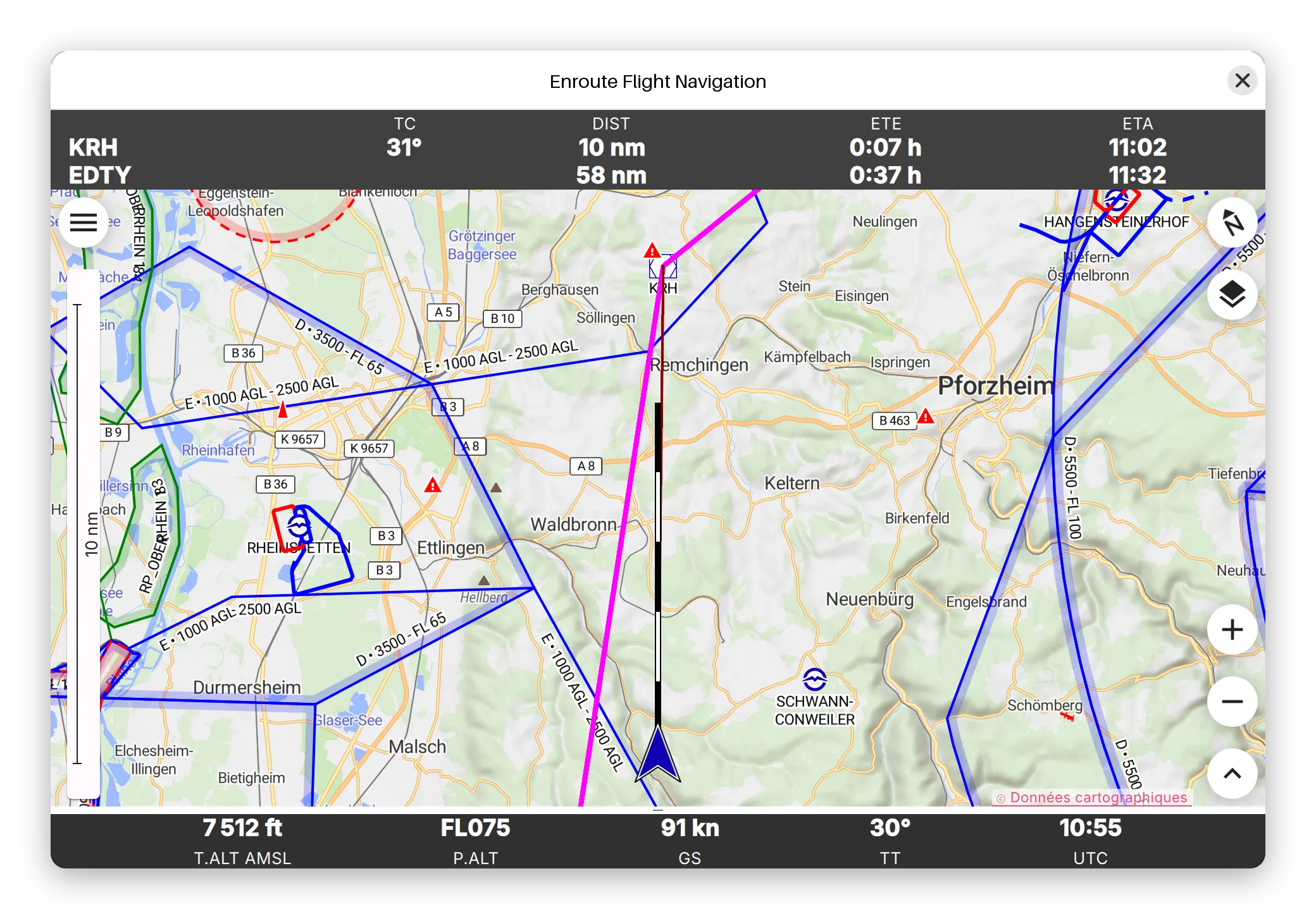 Carte mobile avec route, espaces aériens et données de navigation