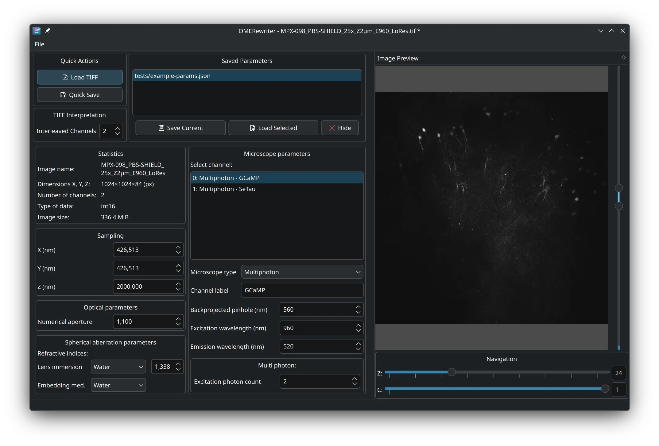 Main application window showing a loaded TIFF file with metadata editor