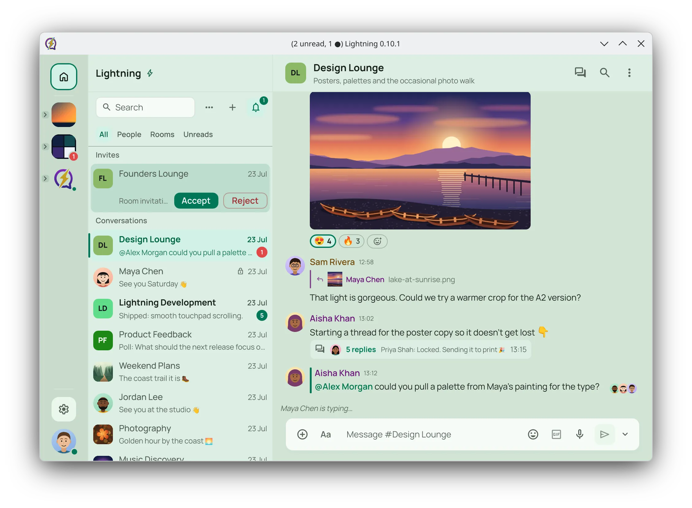 A room conversation with a shared picture, replies, reactions and a thread
