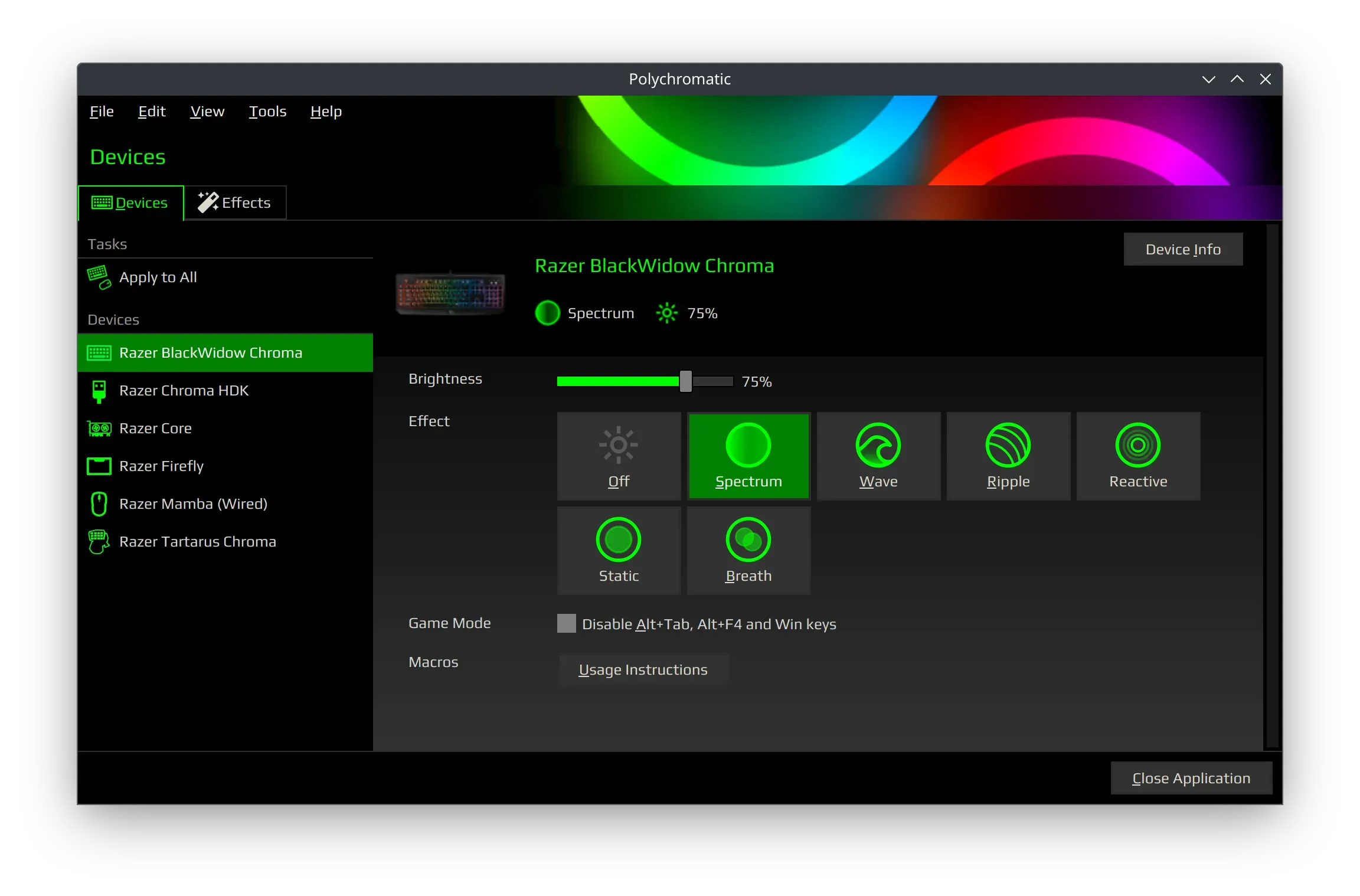 The Devices tab showing the current keyboard effect