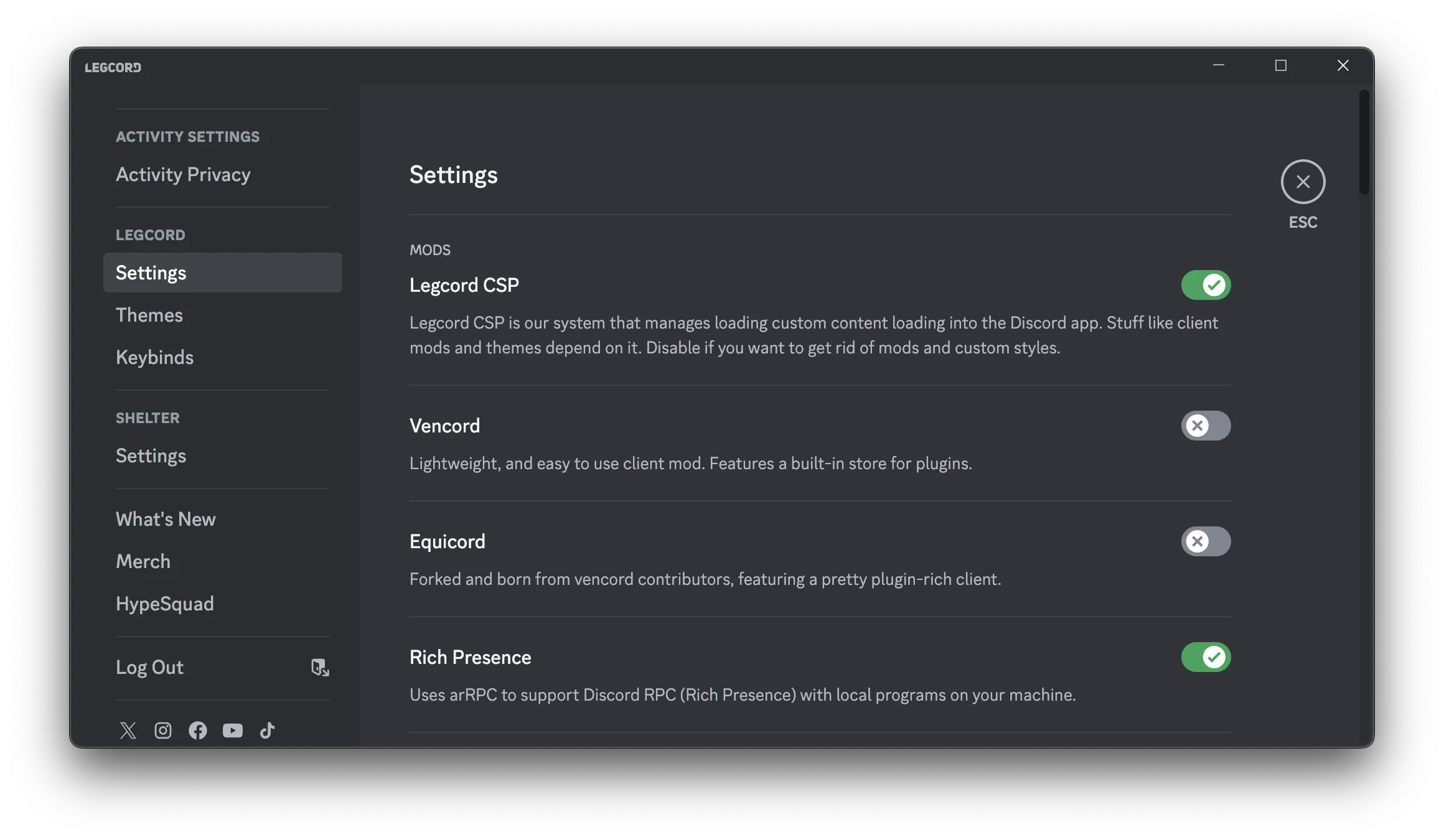 Legcord settings page on macOS