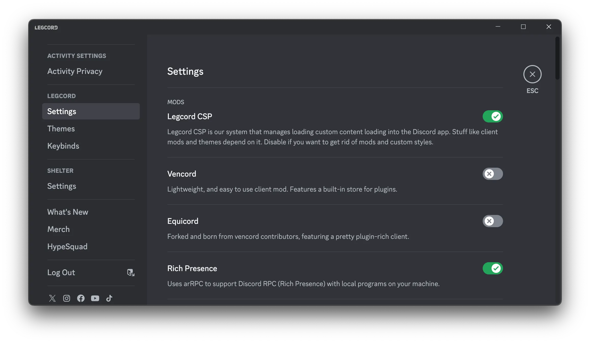 Legcord settings page on macOS