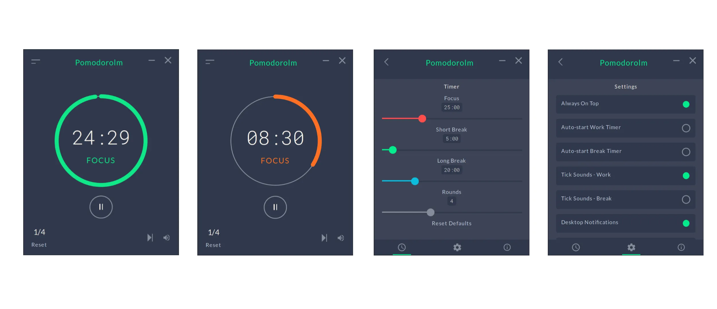 Multiple screens of Pomodorolm with the default theme