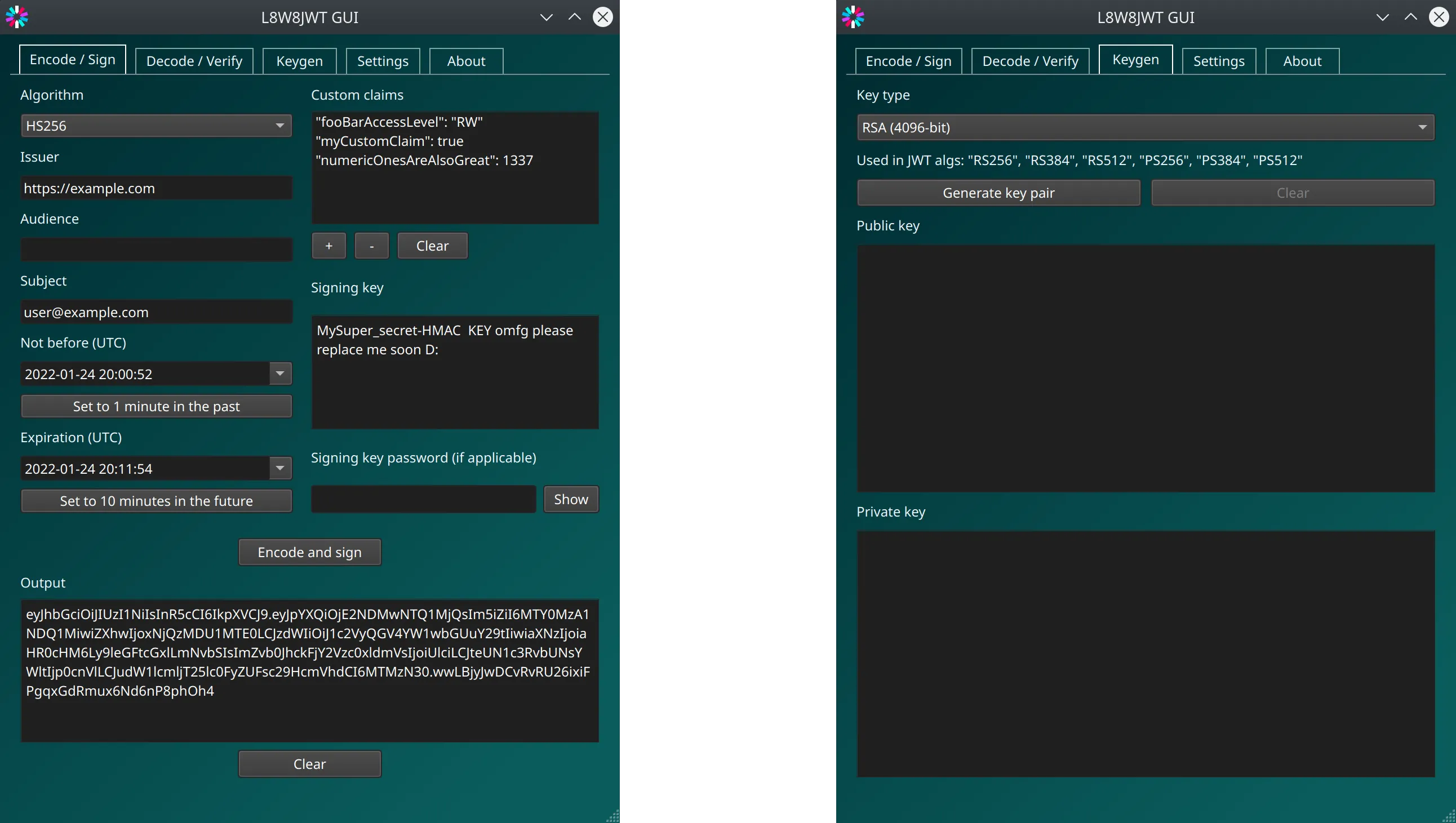 Graphical interface around l8w8jwt, a minimal and open-source JSON Web Token library written in C.