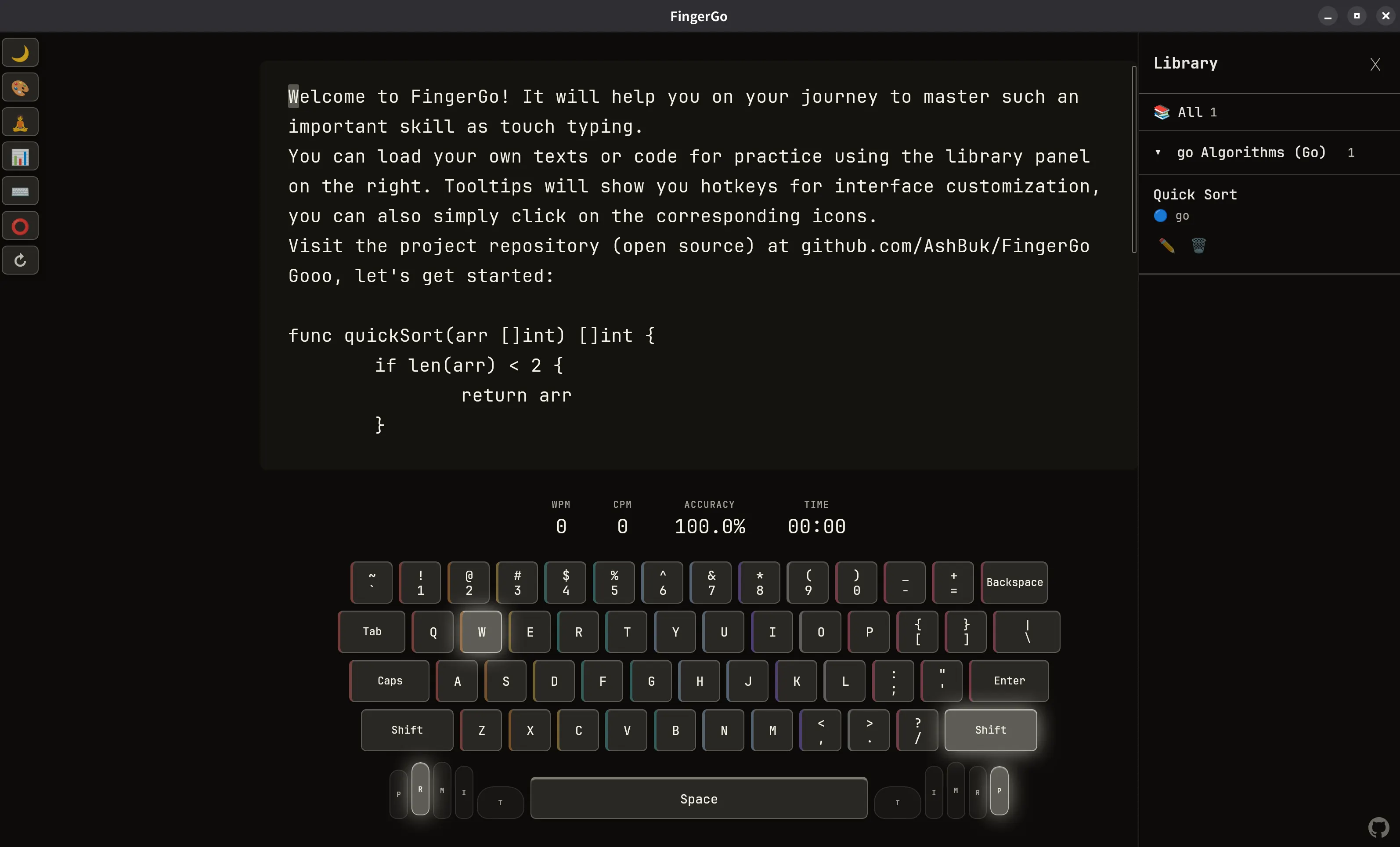 Main typing interface with visual keyboard and real-time statistics