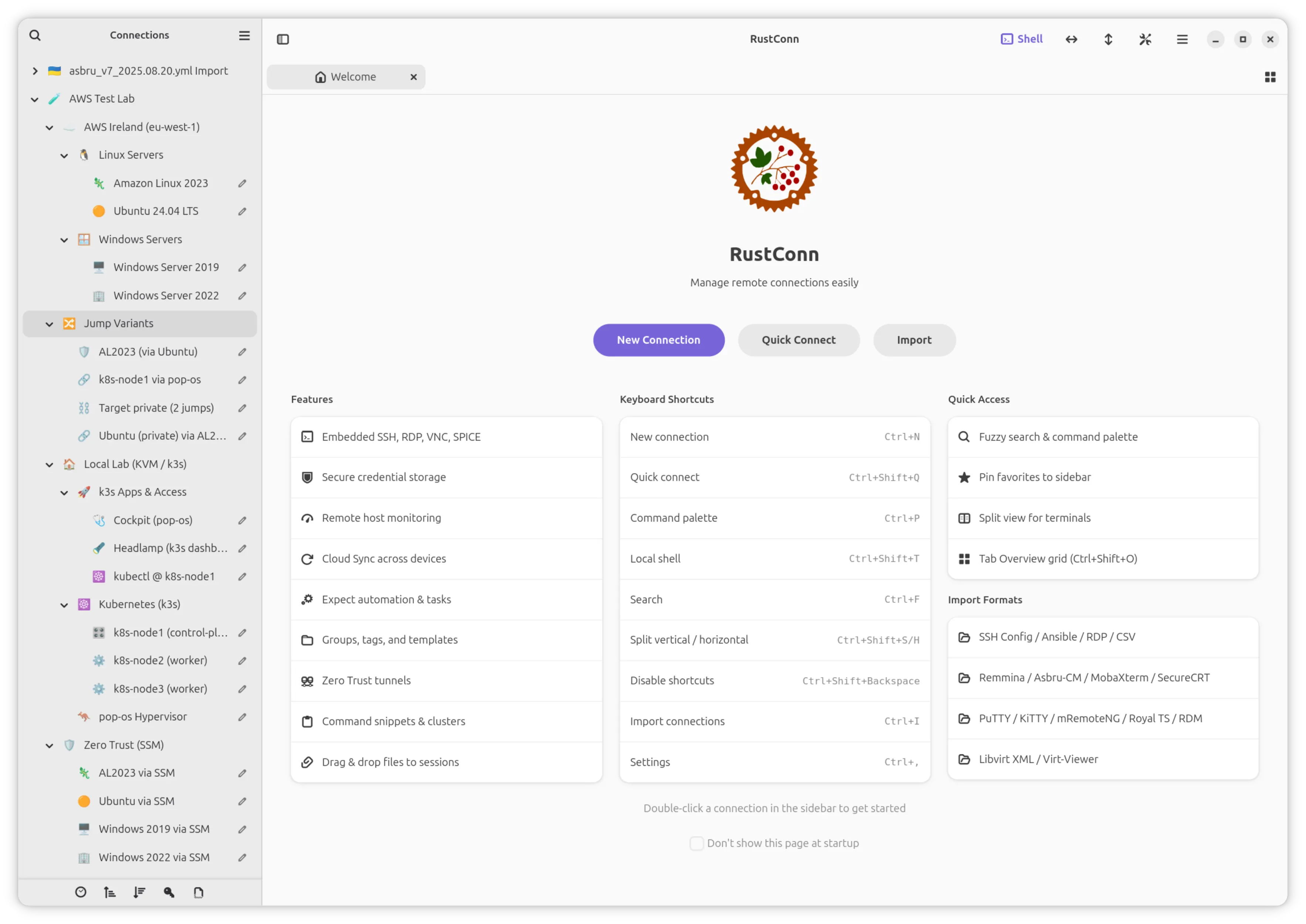 Welcome screen with quick actions