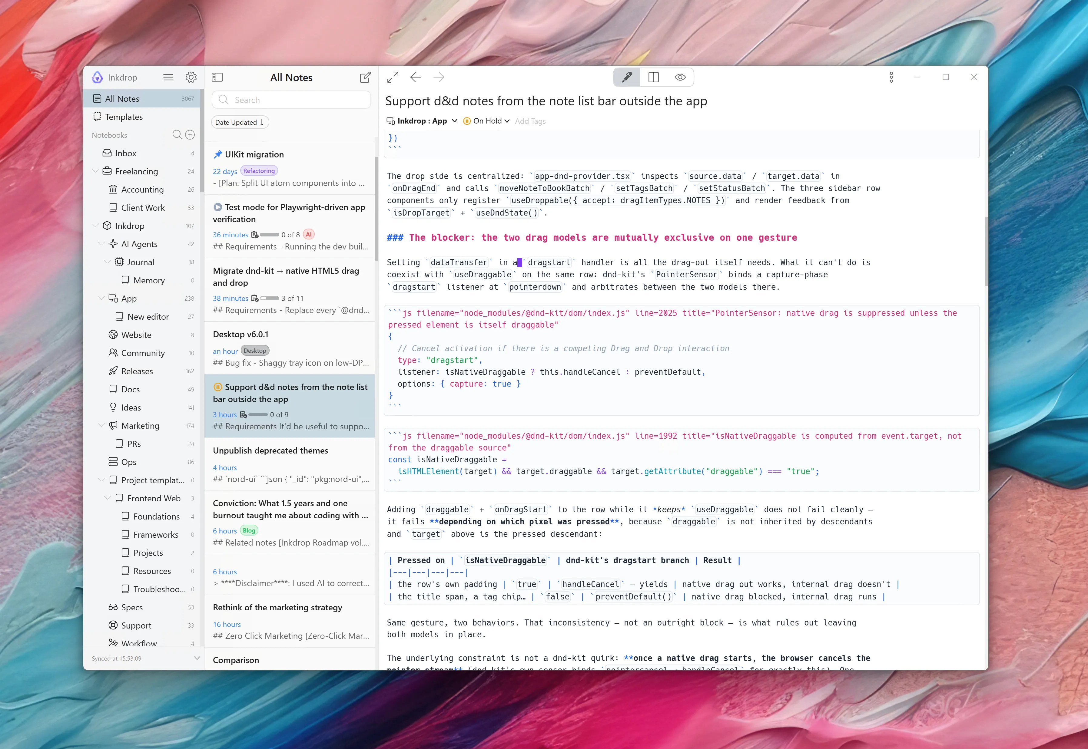 Notebook sidebar, note list and Markdown editor in the light theme