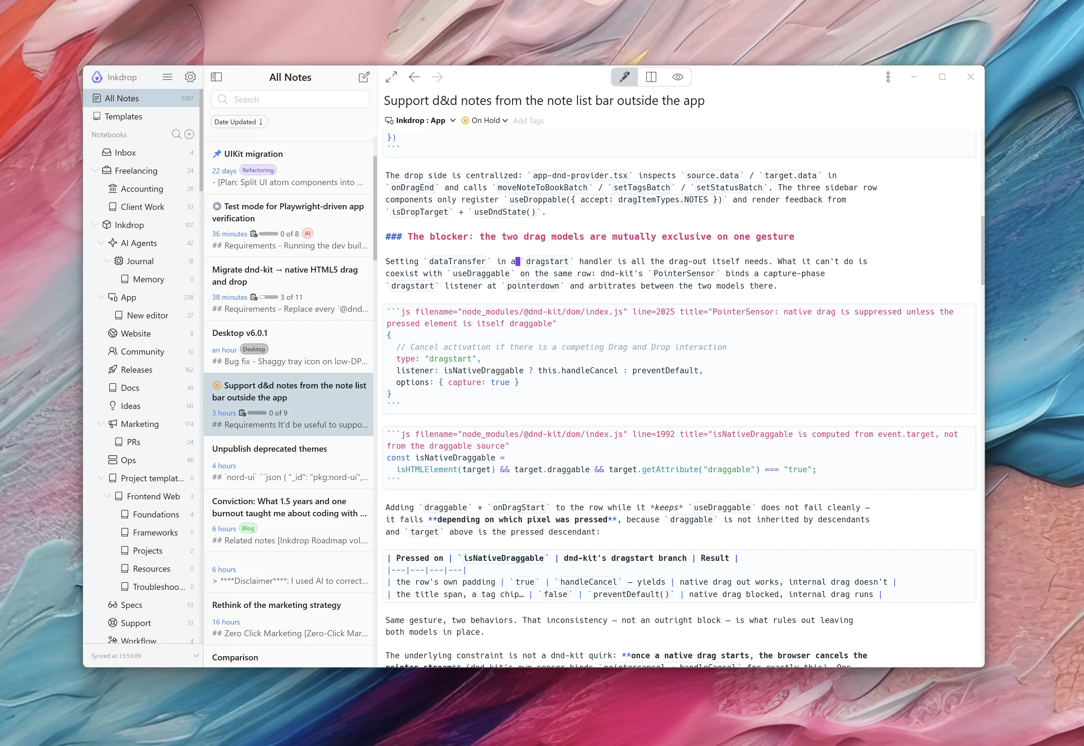 Notebook sidebar, note list and Markdown editor in the light theme