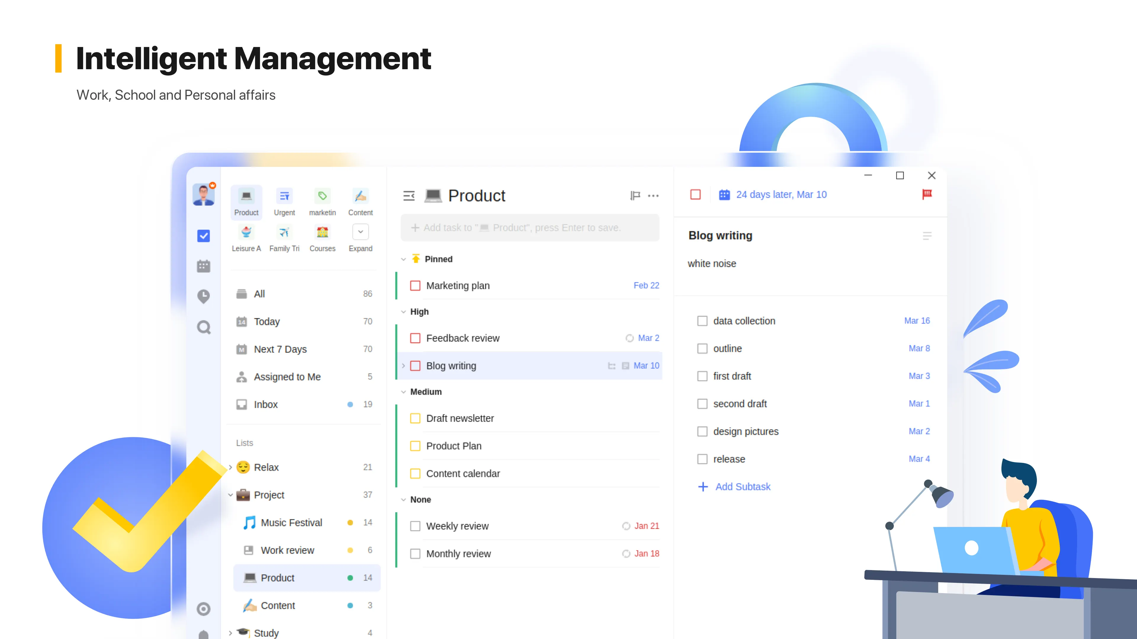 Task view showing tasks grouped by list and priority.