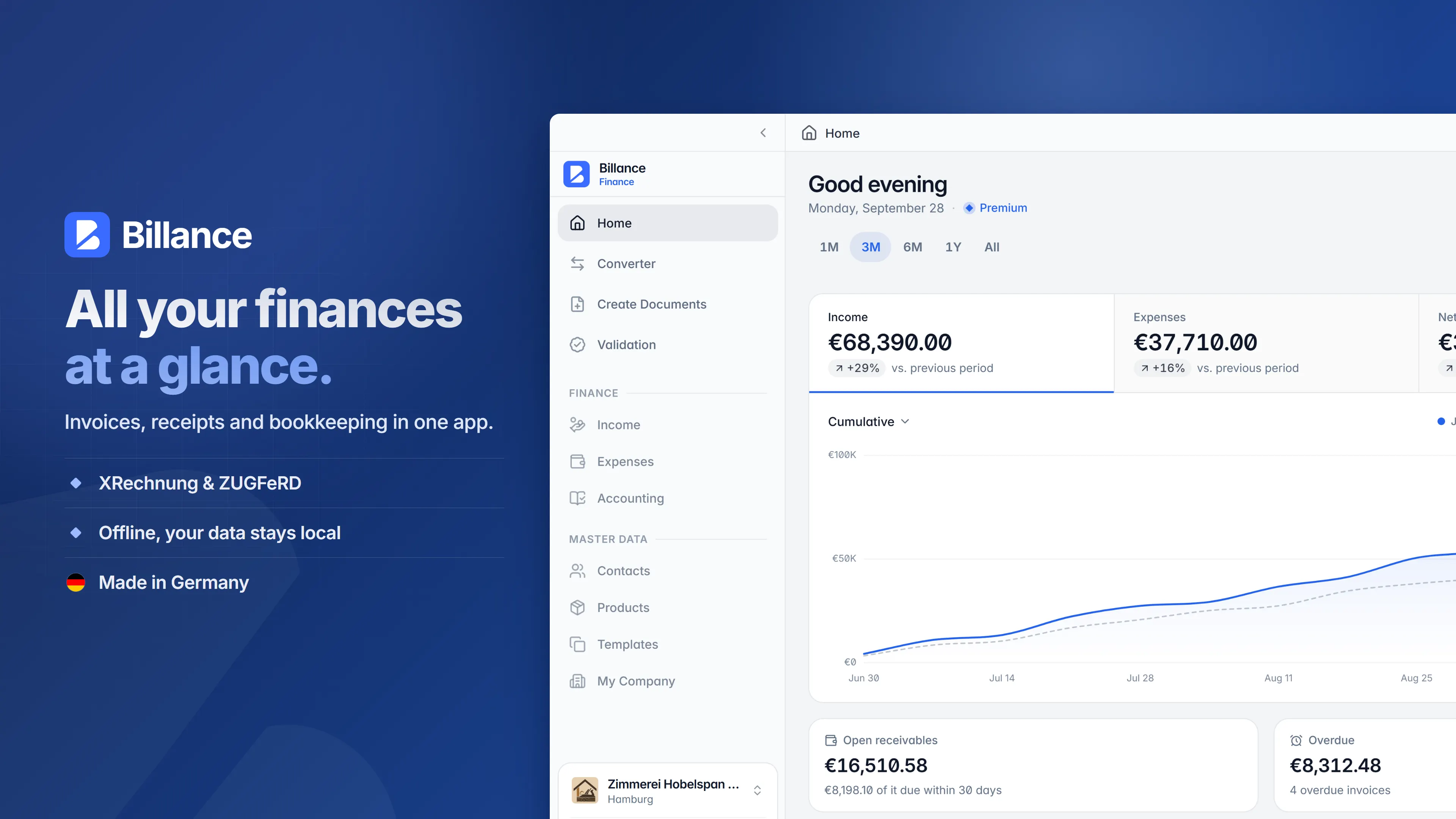 Home dashboard with income, payouts, open amounts, and quick actions