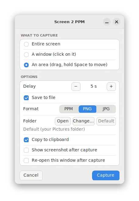 Choose what to capture and an optional delay