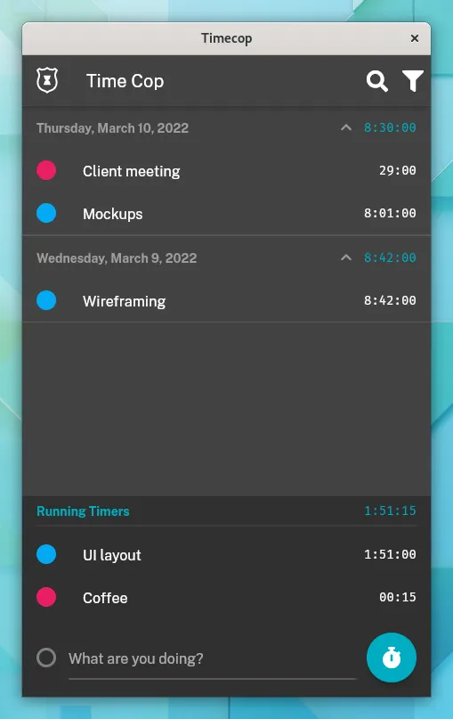 Main screen showing several running timers