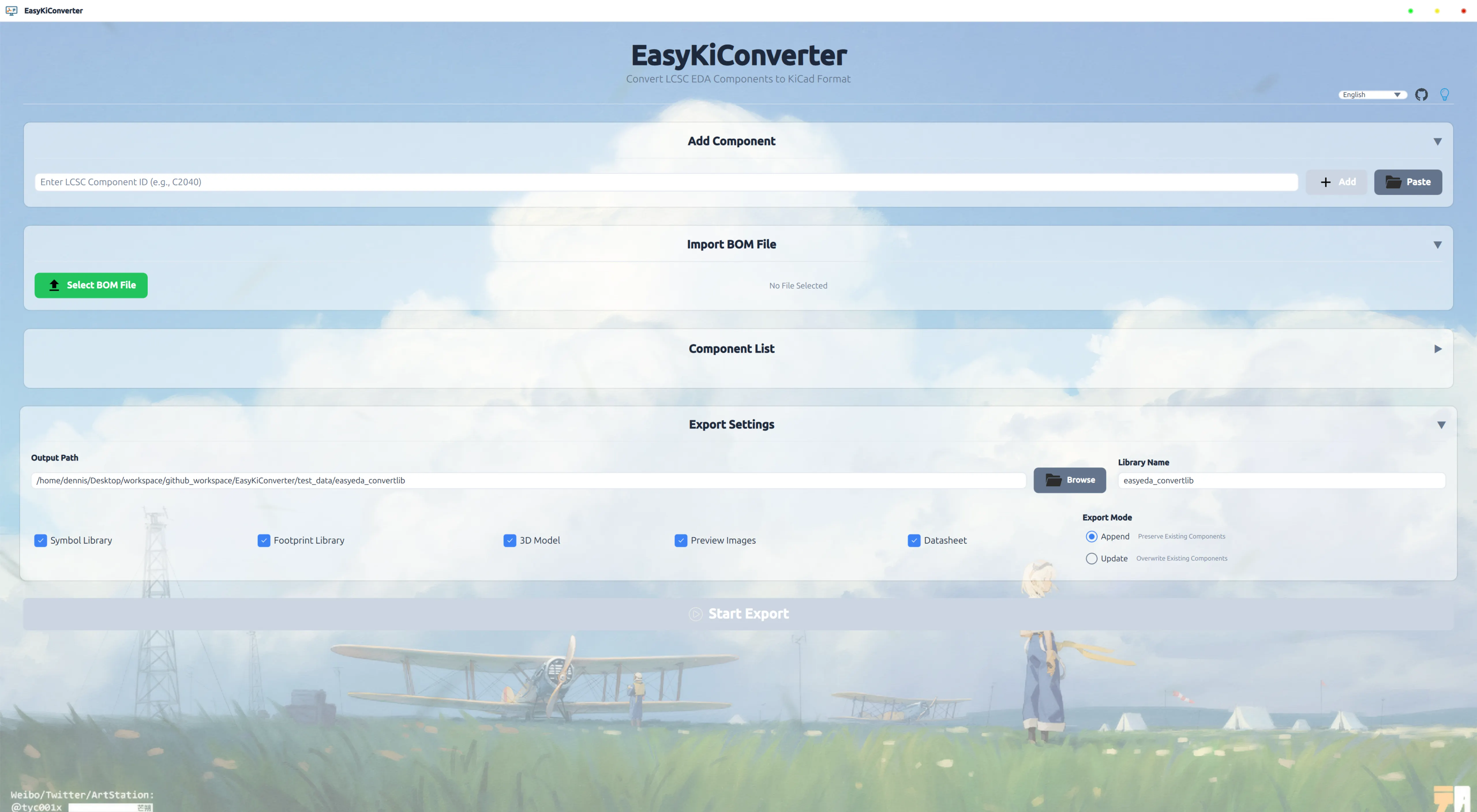 Main application window with component conversion interface