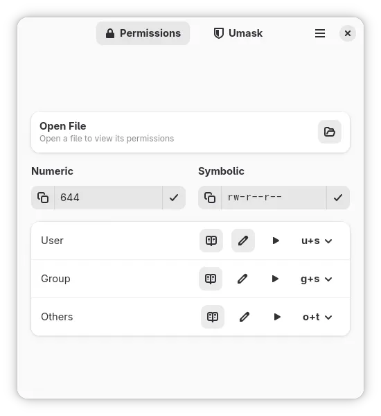 Application main page, converting between numeric and symbolic permission