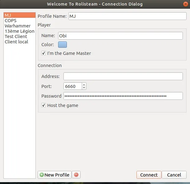 Connection dialog