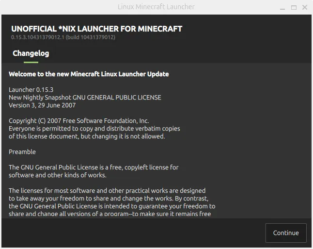 Changelog page of the Launcher