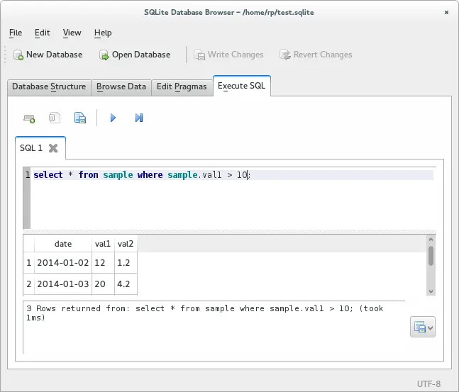 DB Browser for SQLite, executing query