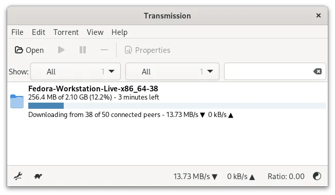 Main window, showing an ongoing download of Fedora Workstation