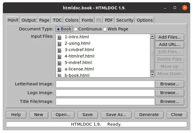 The HTMLDOC main window