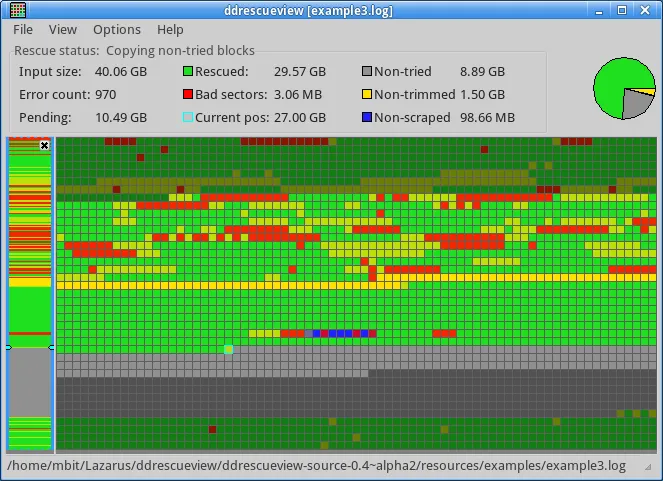 ddrescueview window displaying data recovery stats such as error count, bad sectors size. There is a colourful grid at the bottom of the window indicating which blocks of memory have been rescued, are bad or have not been attempted.