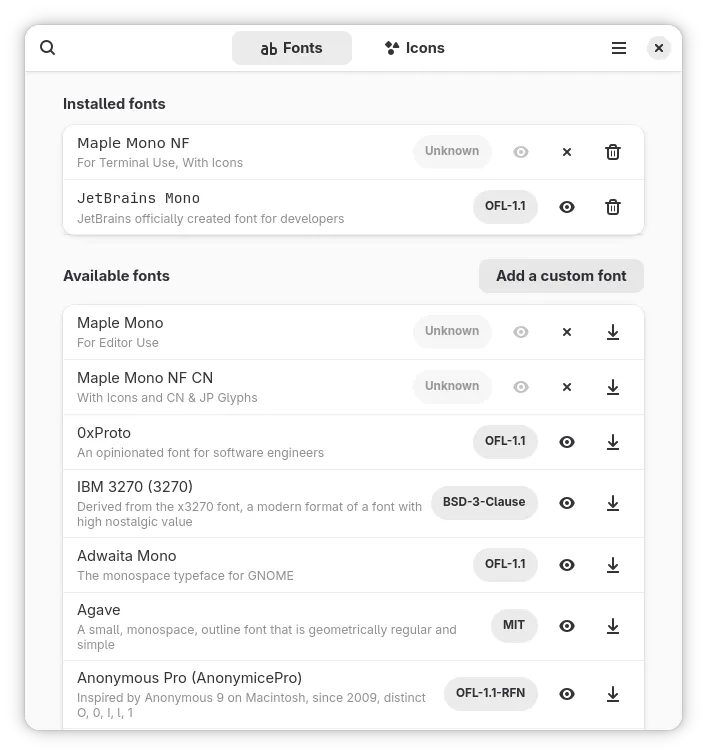 Main page showing a list of custon fonts and installed and available nerd fonts