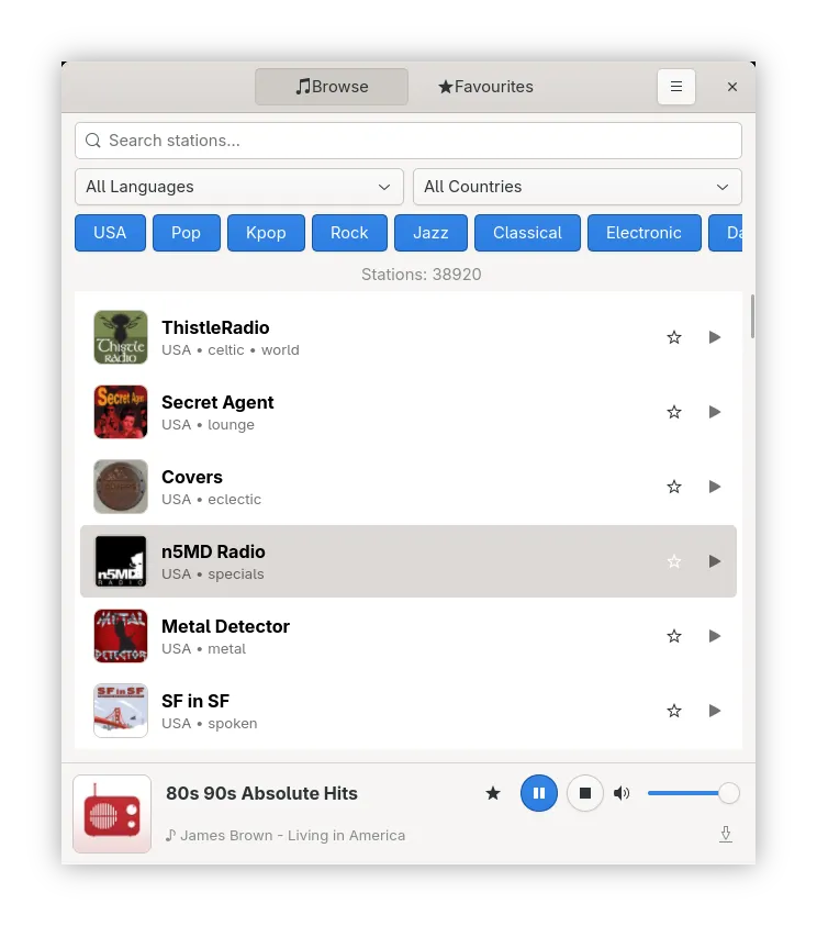 Browse and search stations by tag, country, or language