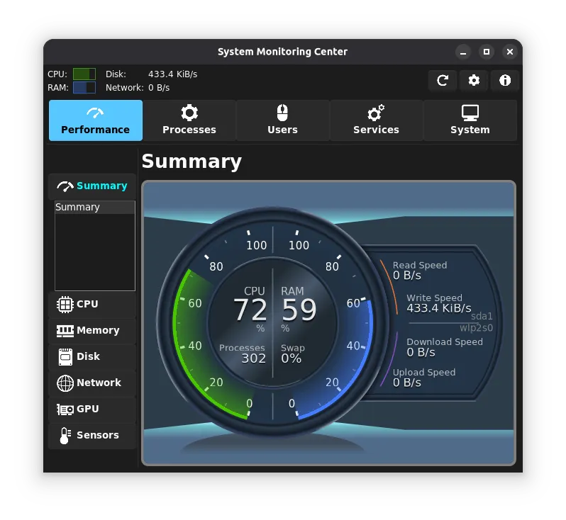 Summary tab, dark theme