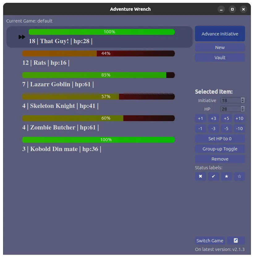 Turn tracking, with HP and initiative 5e style