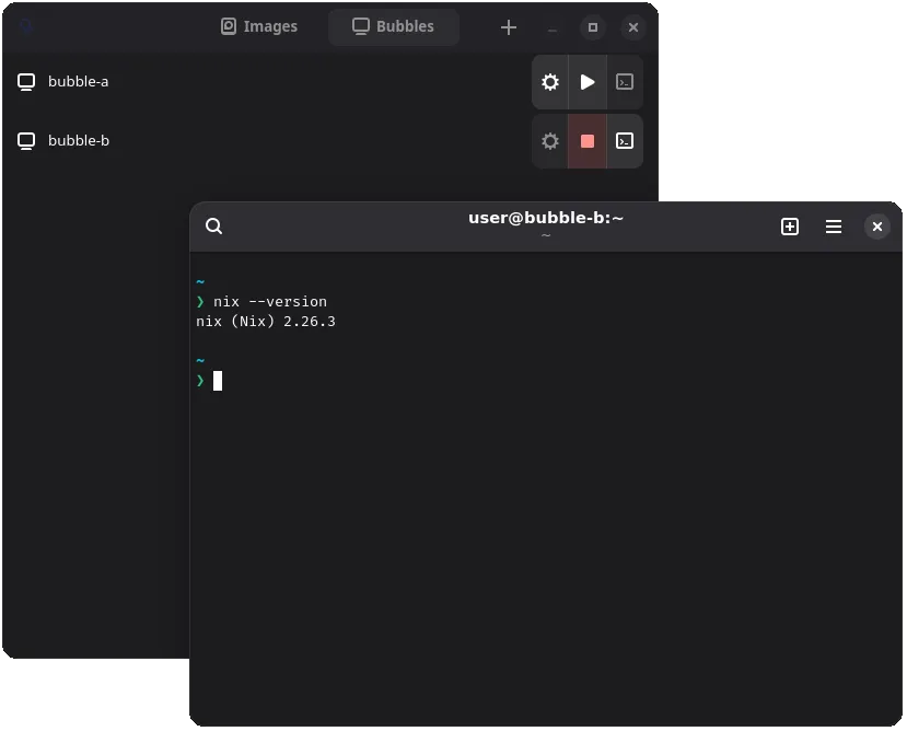Running bubble, with executed default terminal emulator (Gnome Console)
