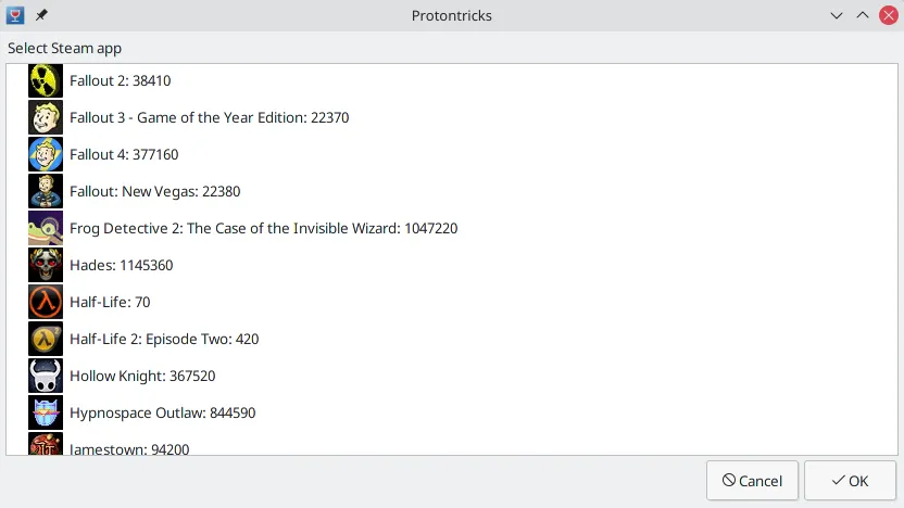 App selection screen