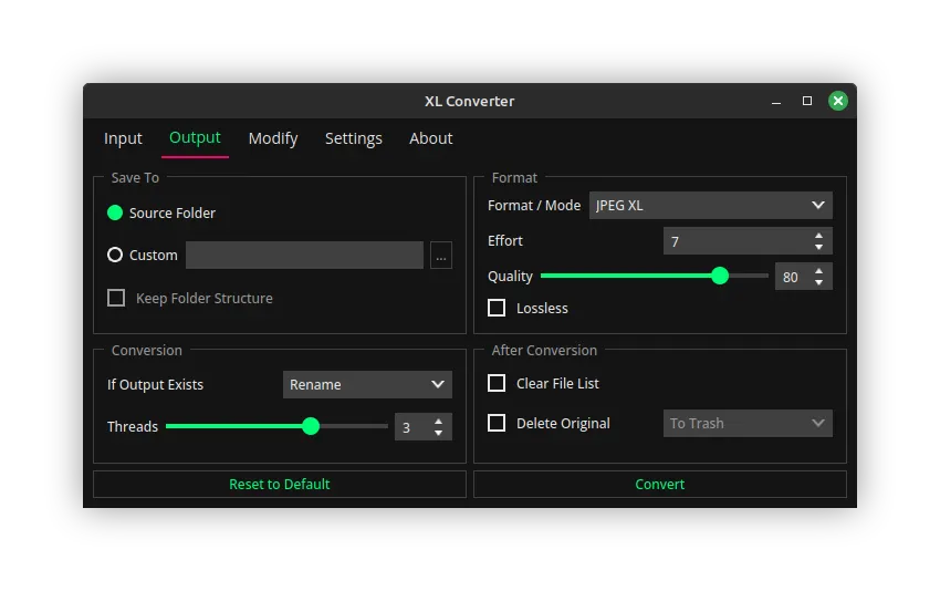 Output tab - JPEG XL