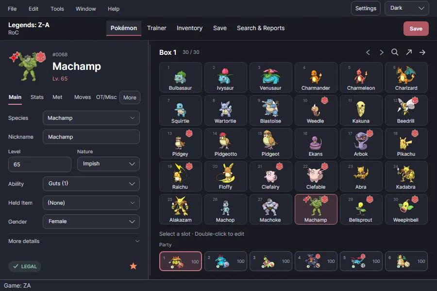 Pokémon editor with a legal Pokémon Legends: Z-A save in the dark theme