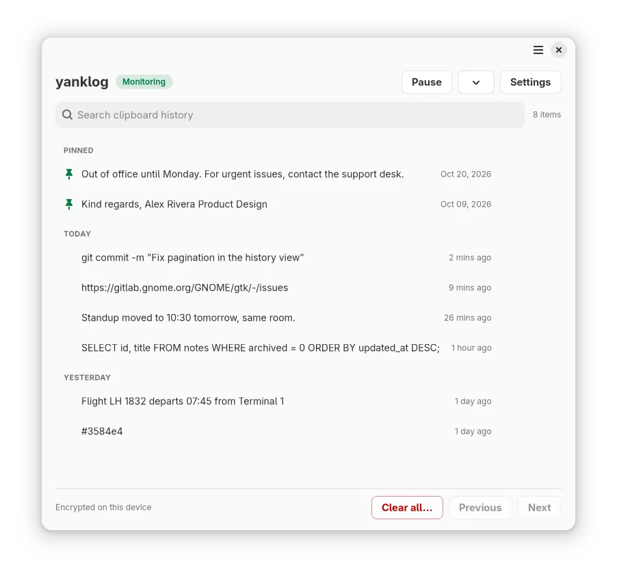 Search and manage encrypted clipboard history